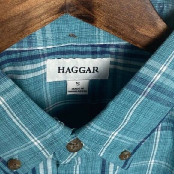 NWT Haggar Teal Plaid Button-Up Shirt Size S Easy Care Workwear Grandpacore - Picture 3 of 10